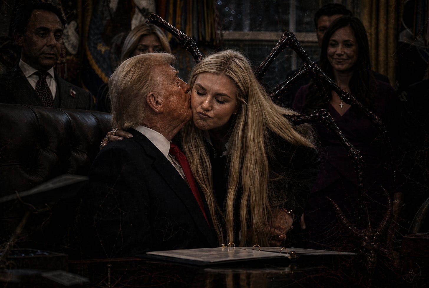 Erika Kirk bends toward Donald Trump in the Oval Office while the Black Widow limbs rise behind her. The image condenses the whole final structure into one frame: Charlie Kirk gone, his warnings denied, his legacy severed from its last convictions, and his dead authority folded back into the service of Trump, Netanyahu, Israel, and the wider Zionist project. This is not mourning. It is transfer.