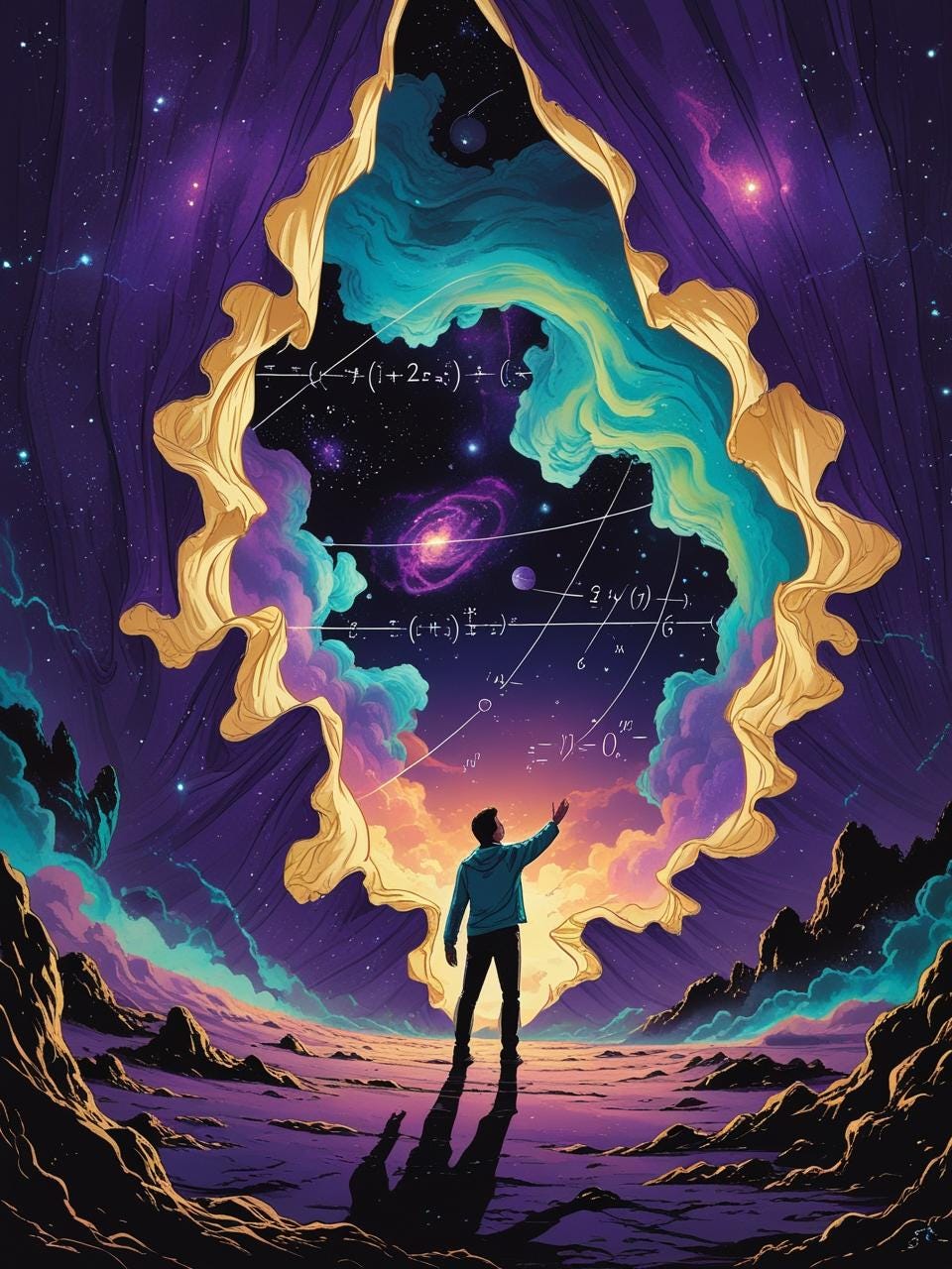 Fabric of spacetime being torn open like a curtain, revealing hidden dimensions beyond, mathematical equations floating through the rift, person reaching toward the opening