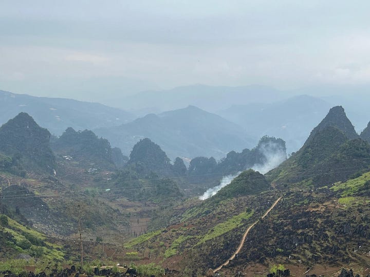 mountains, rivers, and fields