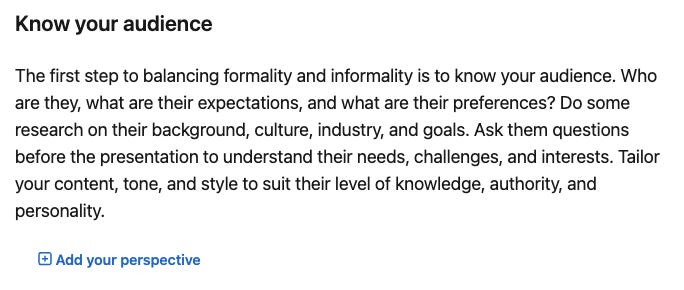 Screenshot of the Add Your Perspective option for LinkedIn AI-generated articles