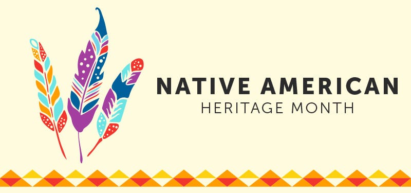 This picture shows a pink background with the words “NATIVE AMERICAN HERITAGE MONTH” written on it along as 3 war bonnets resembling male leaders of the American Plains Indians Nations who have earned a place of great respect in their tribe.                                                                                                                      Esta imagen muestra un fondo rosa con las palabras “MES DEL PATRIMONIO NATIVO AMERICANO” escritas junto con 3 gorros de guerra que se asemejan a líderes masculinos de las Naciones de los Indios de las Llanuras Americanas que se han ganado un lugar de gran respeto en su tribu. 