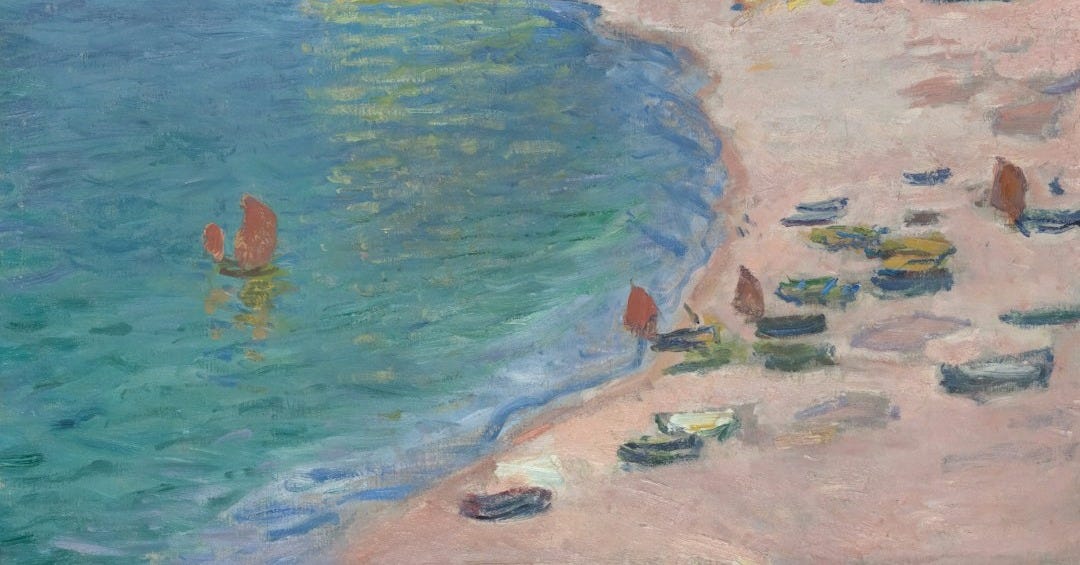 a painting of a beach with a cliff in the background