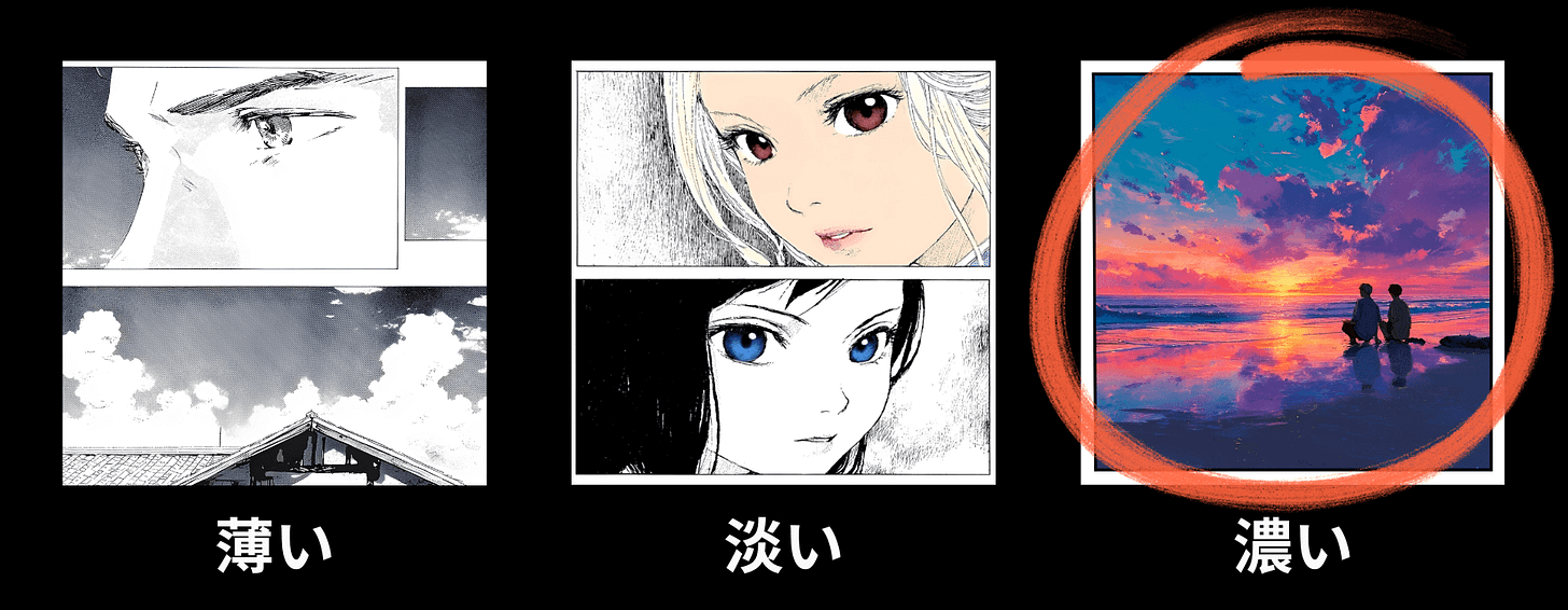 Visual intensity meter for the "Color Saturation" category in the Graphic Review of the manga “The Voice Said Kill.” This image represents the koi level, signaling the highest point or high intensity/depth for this category.