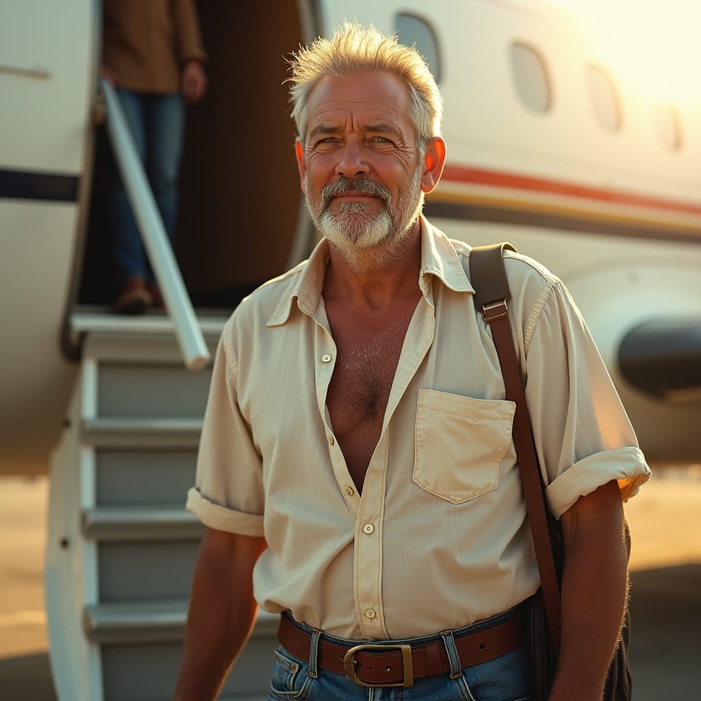 White man, dressed in a linen shirt and worn jeans, his weathered face creased with a mix of exhaustion and excitement, close-up shot of his rugged features as he steps off a plane, arriving in Jamaica, the warm golden light of the tropical sun casting a glow on his skin