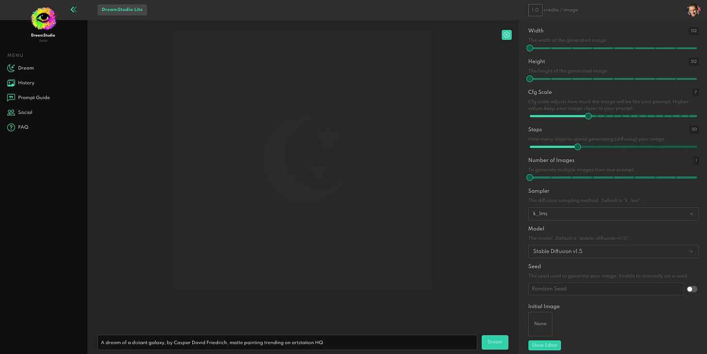 DreamStudio default home screen. AI text-to-art generator.