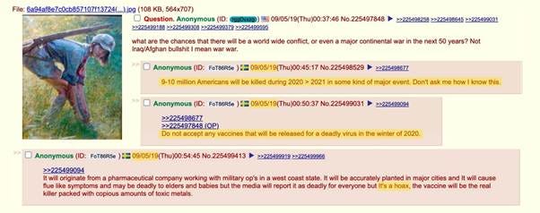 Screenshot of an anonymous 4chan post from September 5, 2019, predicting a major event in 2020–2021, warning millions could die, and advising against vaccines for a future virus.