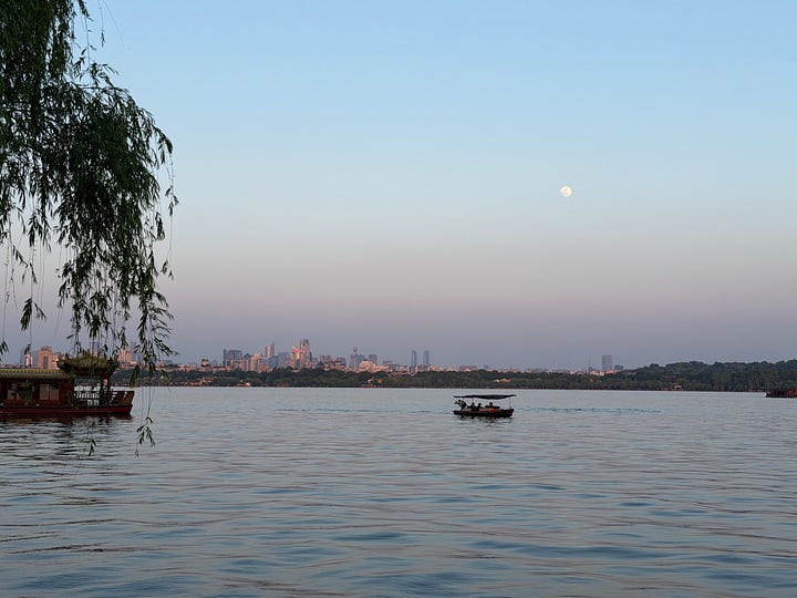 a street sweeper cleans a tranquil park in Shanghai; tranquil views at West Lake in Hangzhou