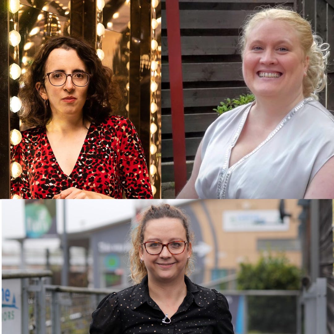 A collage photo showing Lydia Wilkins, a white woman with brunette hair and brown glasses, Kerrie Thompson, a white woman with blonde hair in a white blouse, and Carrie Ann Lightley, a white woman with blonde brown hair in a ponytail 