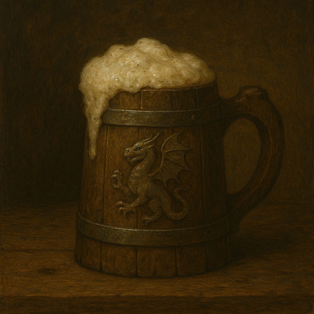 A rustic wooden tavern table with a single mug of ale resting at its center. The mug is made of dark, weathered wood bound with iron bands, slightly chipped from years of use. Foam spills gently over the rim, golden and frothy, catching the warm glow of candlelight. The ale inside is rich amber, with tiny bubbles rising. The background is softly blurred, showing hints of other mugs, a flickering hearth, and the edge of a tavern bench. The atmosphere is cozy, inviting, and steeped in medieval charm.