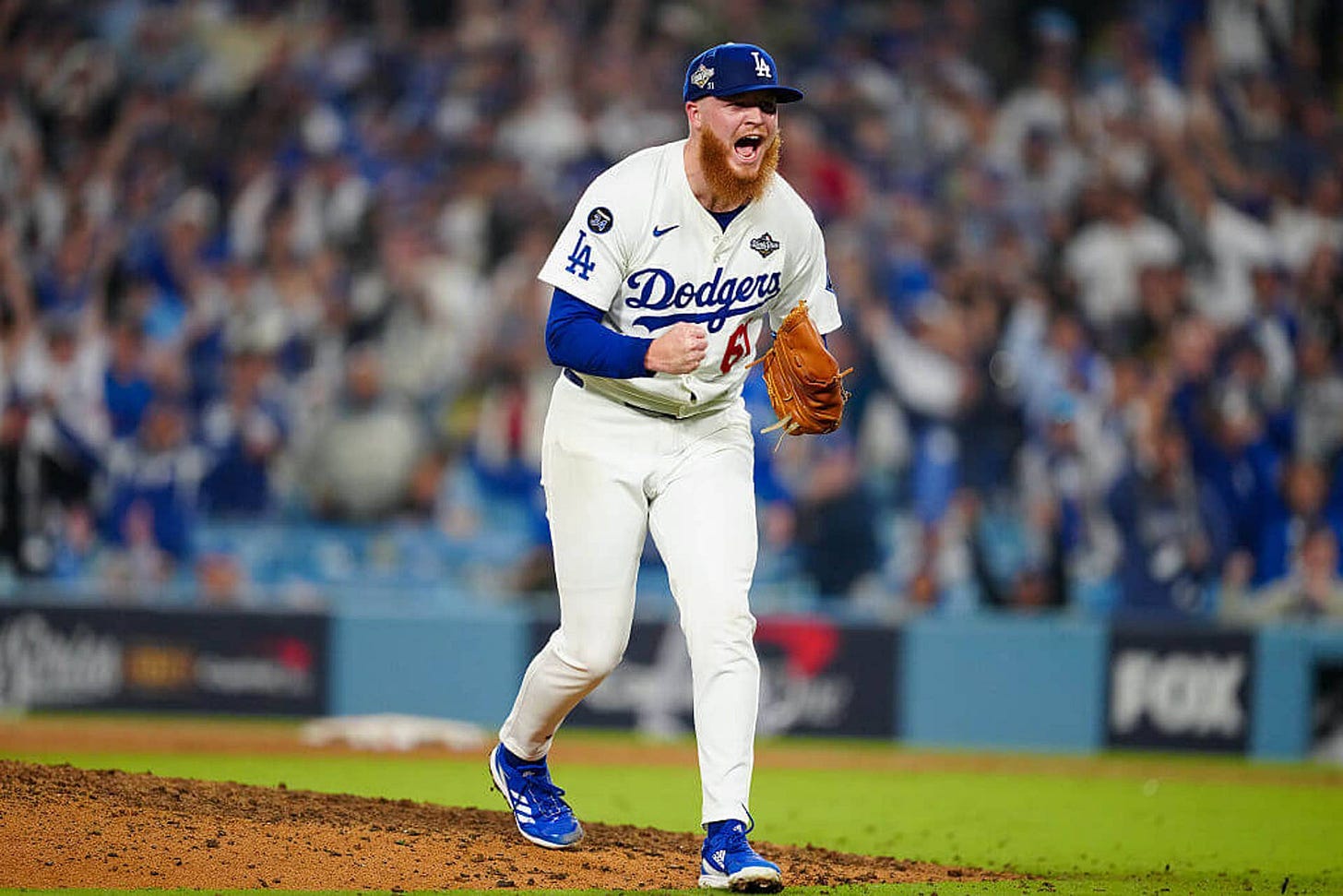 Dodgers reliever Will Klein celebrates after a strikeout in the 18th inning of Game 3 of the 2025 World Series.