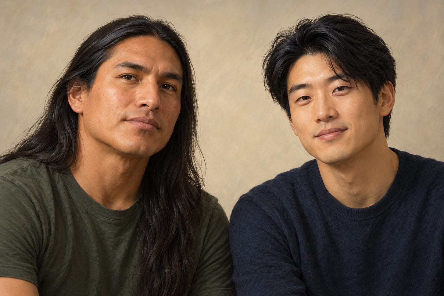 AI-generated editorial illustration of two fictional contemporary adults, a Native American man on the left and a Han Chinese man on the right, both with thick straight dark hair.