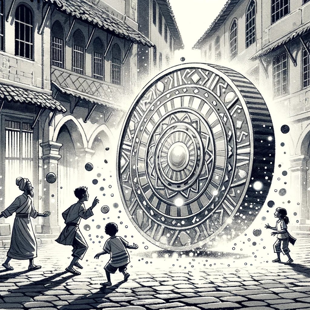 Illustration of a monochrome scene where children bounce a giant coin on a cobblestone street, watching it spin and shimmer.