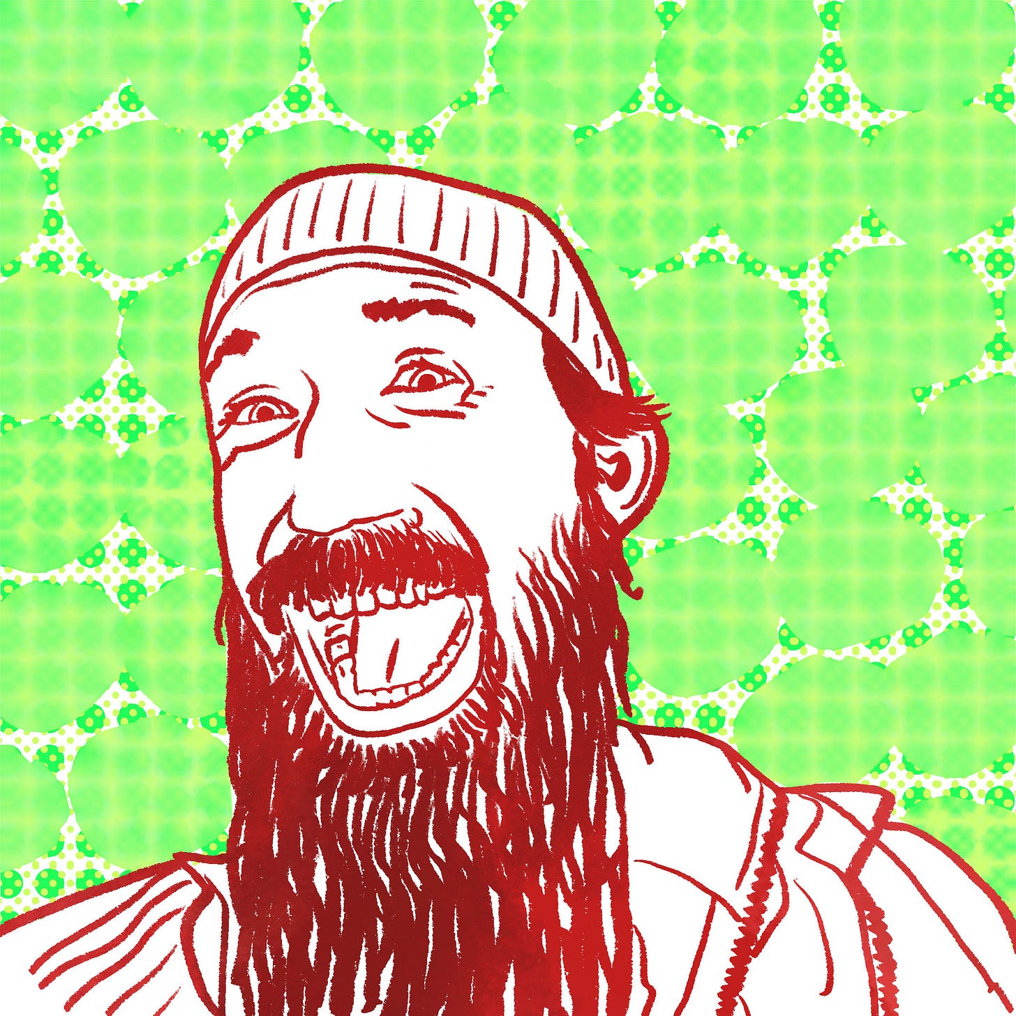 An illustration of Jason with a large smile on their face and wearing a beanie. 