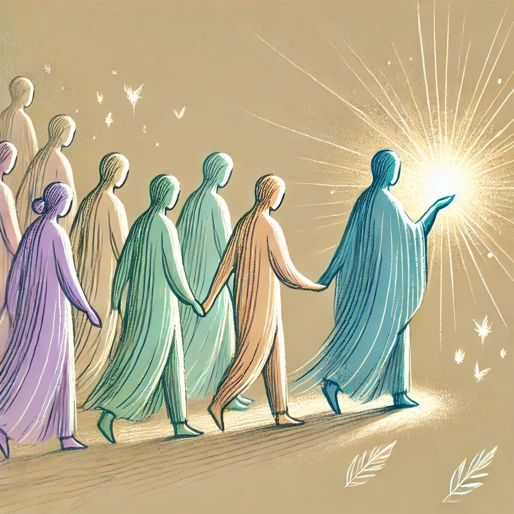 A symbolic digital illustration in pastel colors representing leadership in social impact. The scene shows a human figure gently guiding or walking alongside others, holding a soft light or creating a path of light. The leader figure is not elevated, but centered within the group, showing humility, service, and shared direction. The group moves forward together with connection and purpose. The atmosphere is poetic and emotionally rich. The illustration is hand-drawn with fine lines, using pastel tones like lavender, turquoise, warm beige, and soft green. No text or written elements are included.