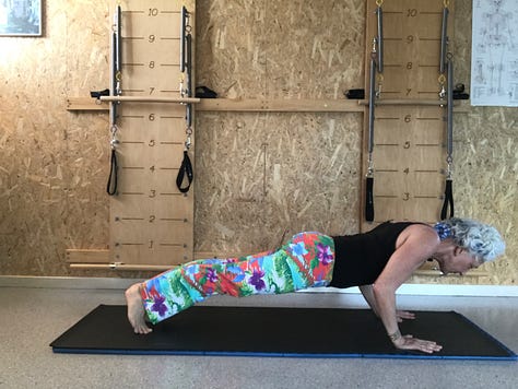 nine photos with a white haired woman in exercise clothing doing each of the Pilates exercises listed in the email