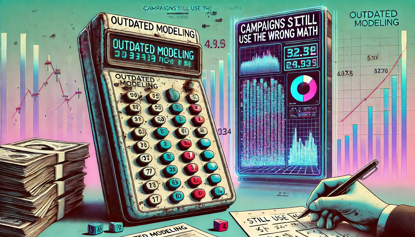 A conceptual digital illustration titled 'Outdated Modeling: Campaigns Still Use the Wrong Math.' The image features an old, dusty calculator with cracked buttons sitting next to a modern digital analytics screen filled with glitching data. A frustrated campaign strategist looks at a complex equation on a whiteboard that is crossed out, symbolizing incorrect modeling. In the background, stacks of outdated polling reports pile up, while a holographic futuristic model remains ignored. The color scheme blends muted and neon tones to contrast old vs. new technology.