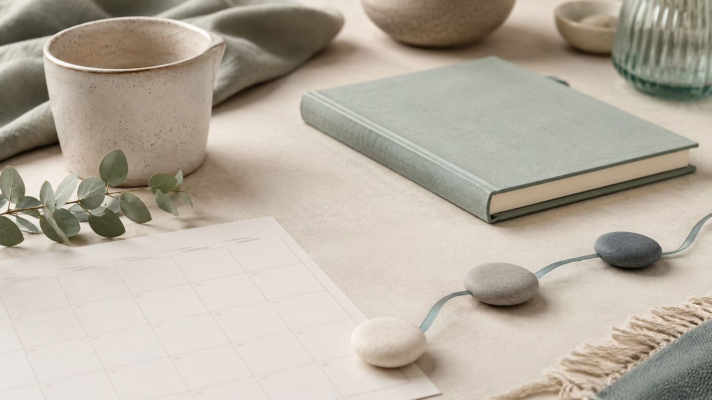 Notebook, calendar, and three small stones connected by a thread, symbolizing steady Clinical EFT support over time.