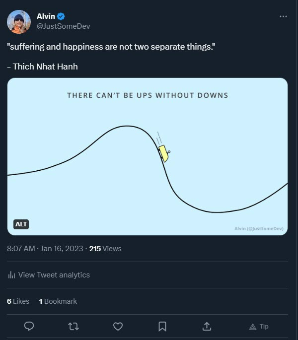 A quote by Buddhist monk, Thich Nhat Hanh, reads, "suffering and happiness are not two separate things," and there's a visual with a roller coaster and a title that reads, "there can't be ups without downs."