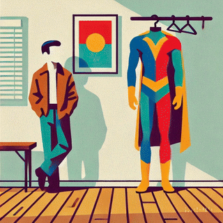 An illustration depicting a person in casual attire standing beside a superhero costume hanging on a rack, set in a room with a colorful abstract painting on the wall.