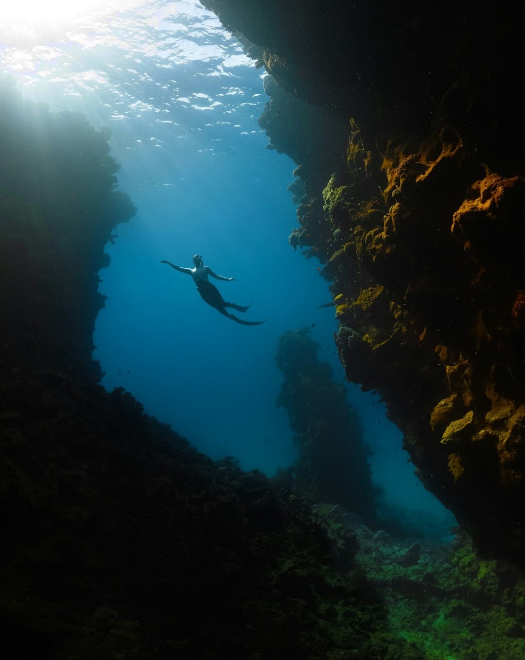 a person swimming in the water near a cave