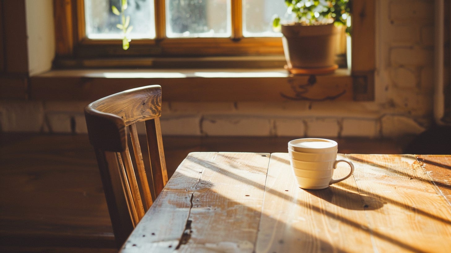 Empty wooden chair pulled away from a rustic table in warm afternoon sunlight, single coffee cup resting on weathered wood, golden light streaming through window, the 3pm moment of stillness and choice. Empty wooden chair pulled away from a rustic table in warm afternoon sunlight, single coffee cup resting on weathered wood, golden light streaming through window, the 3pm moment of stillness and choice.