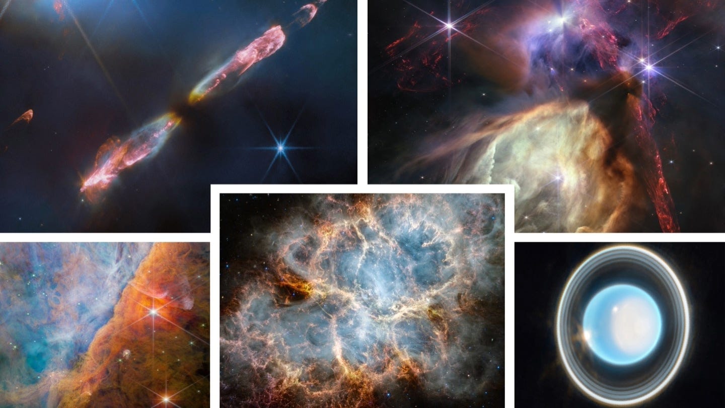 A collage of five pictures from the James Webb telescope showing the HH 211 protostellar outflows, the Rho Ophiuchi star forming cloud, the planet Uranus, the Crab Nebula and a part of the Orion Nebula. A collage of five pictures from the James Webb telescope showing the HH 211 protostellar outflows, the Rho Ophiuchi star forming cloud, the planet Uranus, the Crab Nebula and a part of the Orion Nebula.