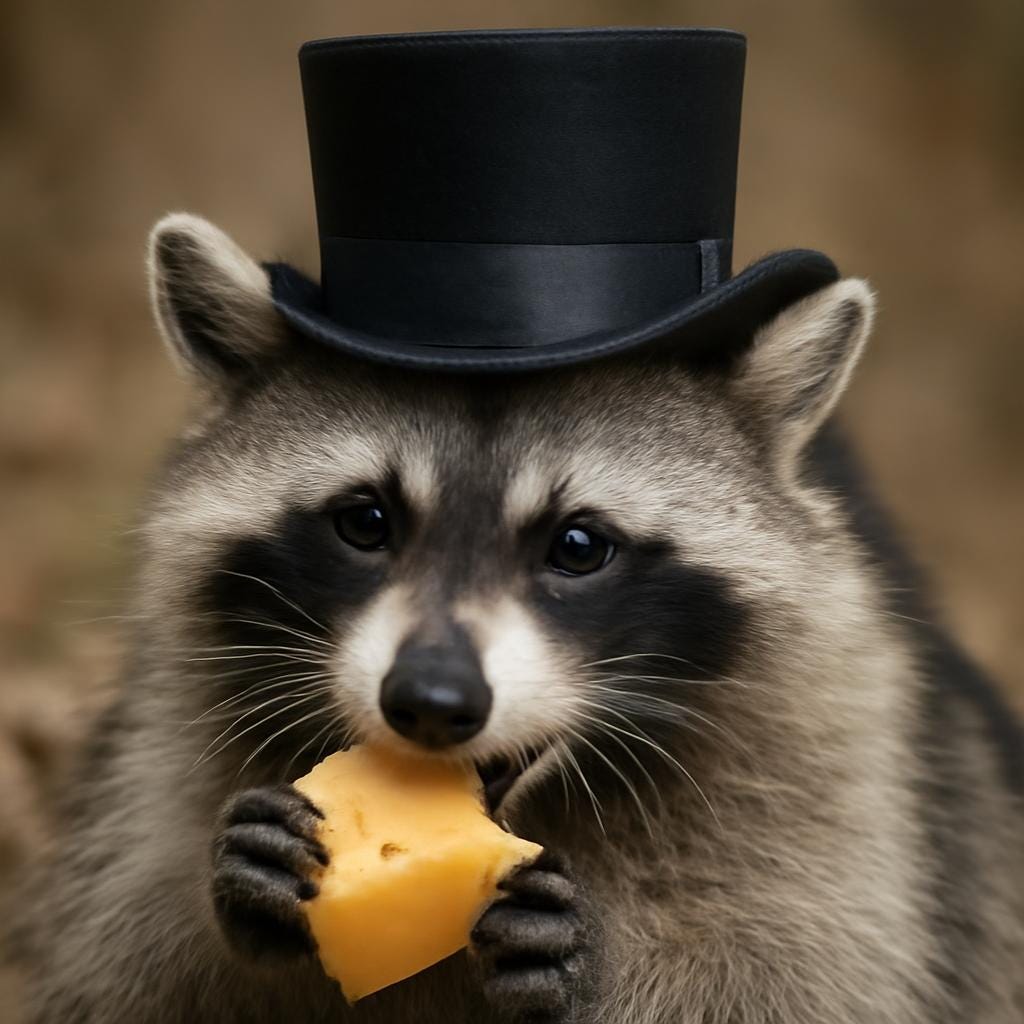 It's a square photo of a raccoon eating cheese and wearing a top hat. It looks pretty realistic.