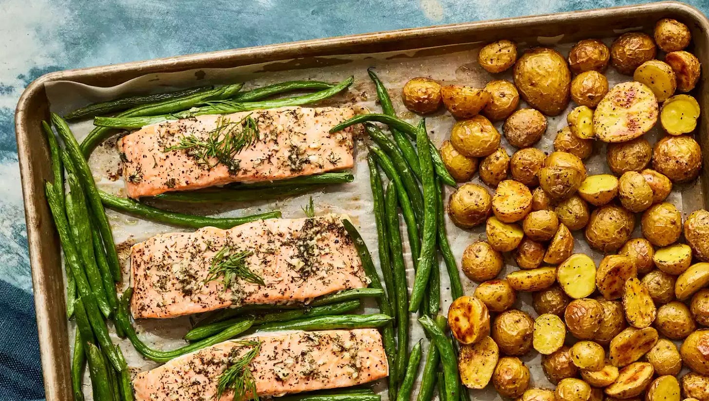 a recipe photo of the Lemon-Garlic Sheet Pan Salmon with Potatoes & Green Beans