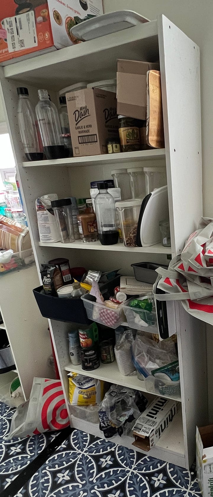 two images of the same open shelf pantry, one incredibly messy, the other neat and organized