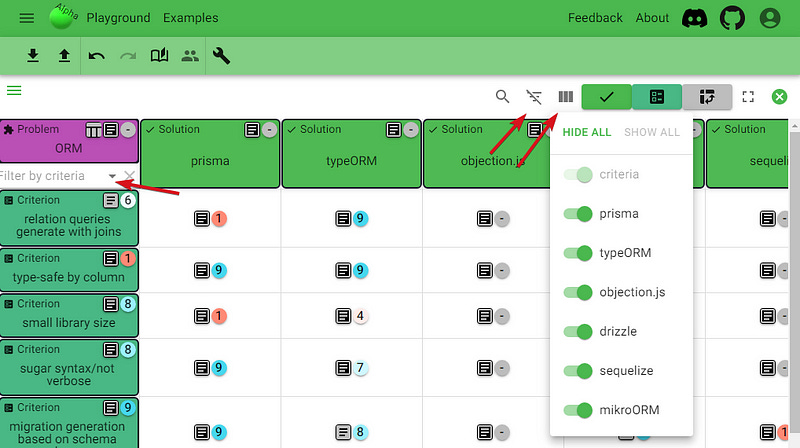 Filtering by row/column in the criteria table.