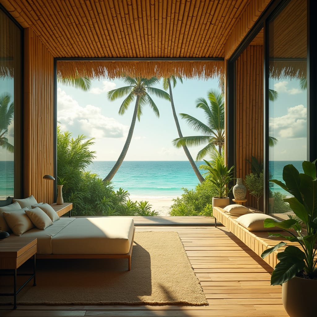 A sleek, modern bamboo home with extensive glass walls and floor-to-ceiling windows, nestled among lush tropical foliage, overlooking the turquoise waters of a Jamaican beach. Warm, golden light spills in, casting a serene glow on the natural textures of the bamboo and the soft, creamy hues of the interior decor. 