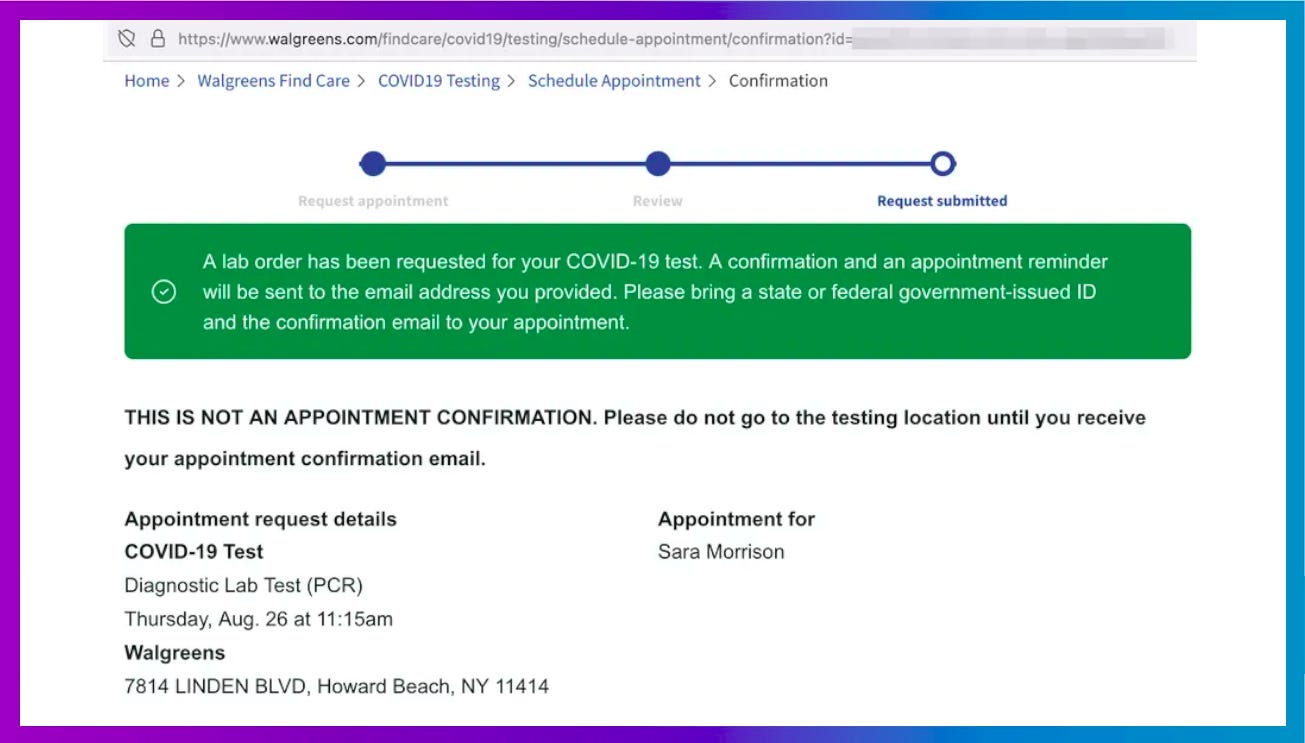 Walgreens Covid-19 test appointment page with sensitive ID blurred.