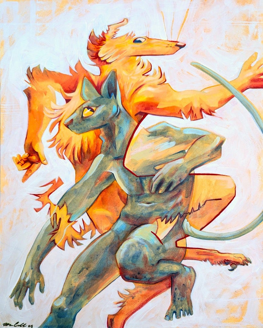 A painting in goldenrod and rusty teal, an anthropomorphic sphynx cat and a borzoi man cross paths in dynamic poses, but their outlines and negative space get confused and the painting plays with 3 dimensions and flatness