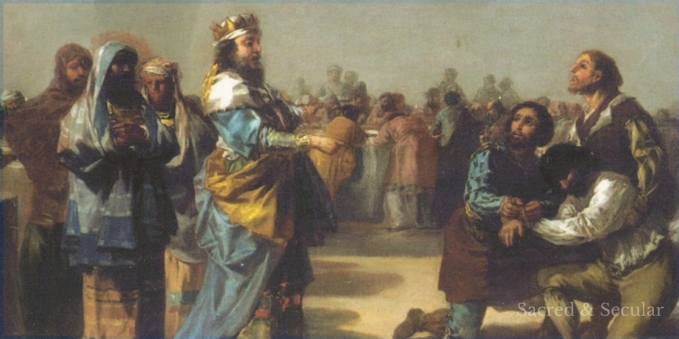 Francisco de Goya’s wide painting of the parable of the wedding banquet, showing the king confronting a guest while the wedding feast continues in the background. Francisco de Goya’s wide painting of the parable of the wedding banquet, showing the king confronting a guest while the wedding feast continues in the background.