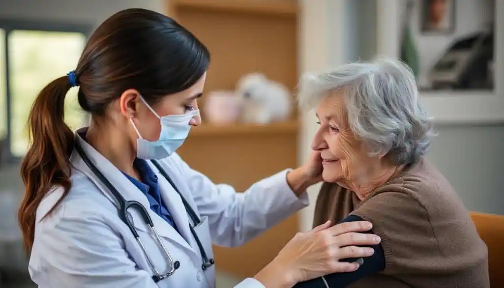 Healthcare professional measuring blood pressure of elderly individual