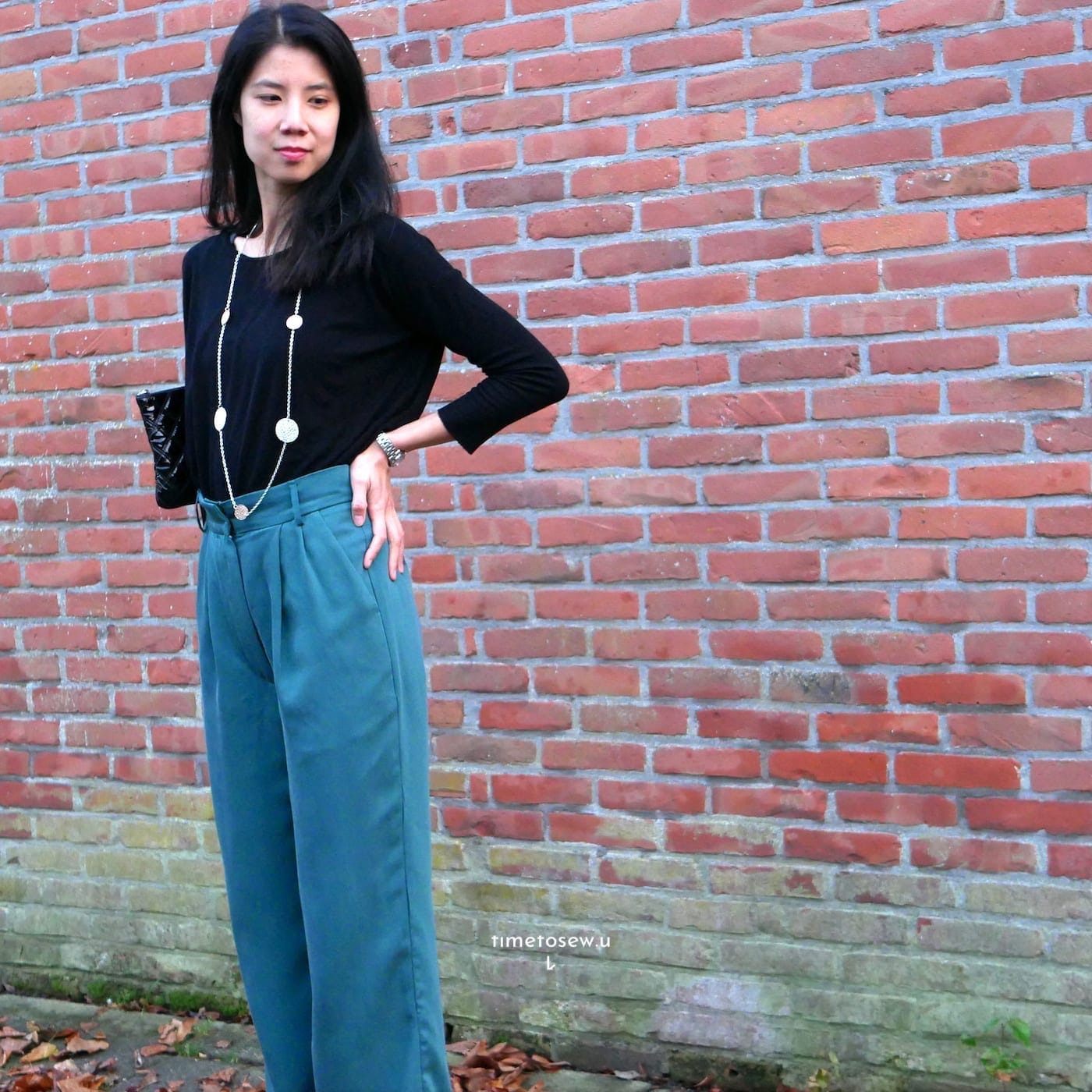 Just Patterns Tatjana trousers by Time to Sew, worn with a black top
