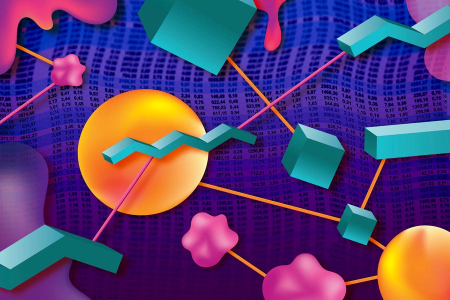 Abstract network of shapes over spreadsheets—symbolizing synthetic data pipelines.