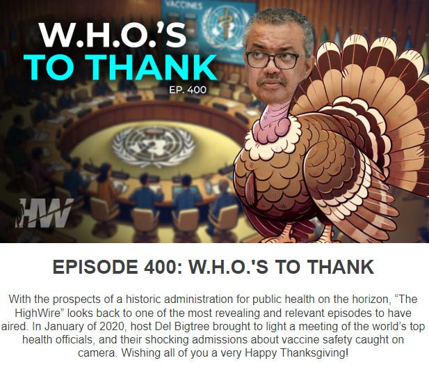 The HighWire Episode 400: W.H.O.’S TO THANK Links & Notes