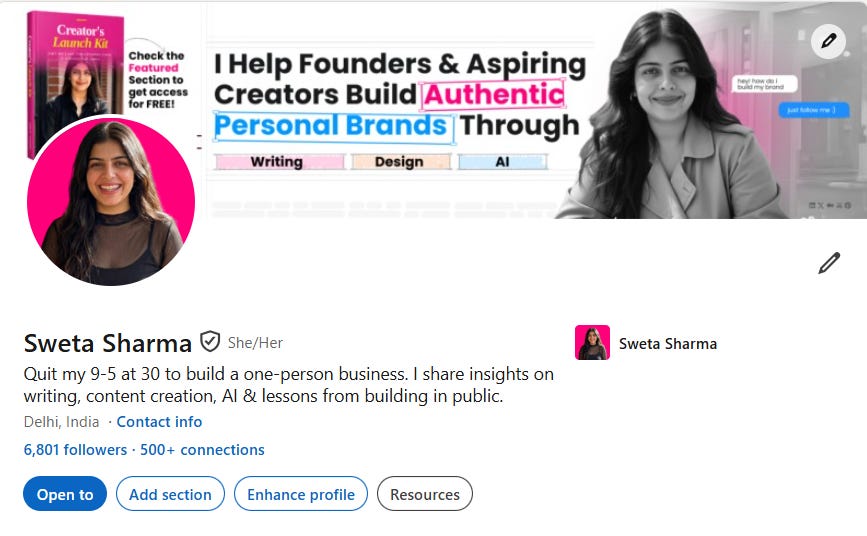 LinkedIn profile screenshot of Sweta Sharma showing her banner, profile photo, headline, location, follower count, and profile action buttons.