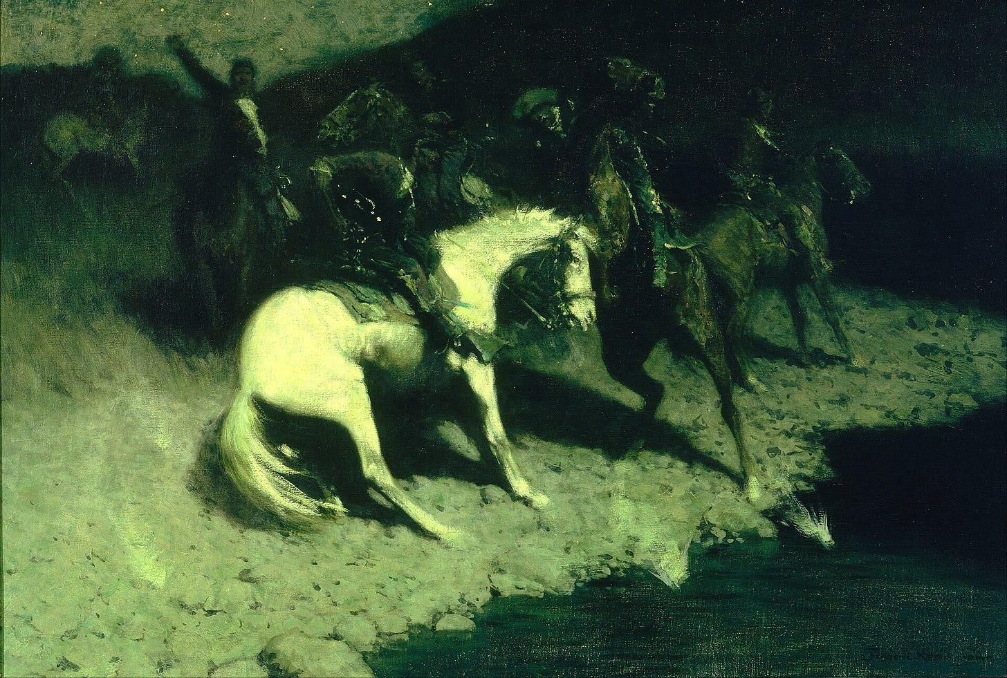 A white horse rearing at night under moonlight while riders around it scatter in an ambush