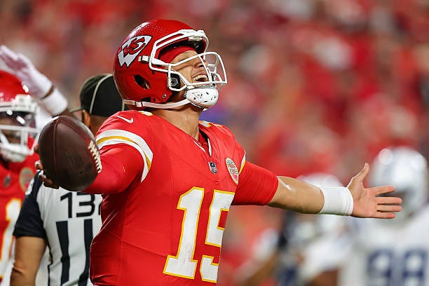 Patrick Mahomes of the Kansas City Chiefs reacts during the third quarter against the Indianapolis Colts at Arrowhead Stadium on September 20, 2026... Patrick Mahomes of the Kansas City Chiefs reacts during the third quarter against the Indianapolis Colts at Arrowhead Stadium on September 20, 2026...