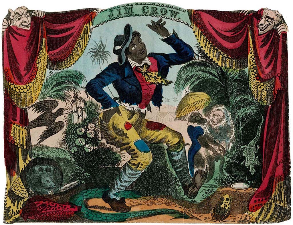 1833 advertisement showing Thomas Dartmouth Rice playing the character 'Jim Crow' in blackface upon a stage setting