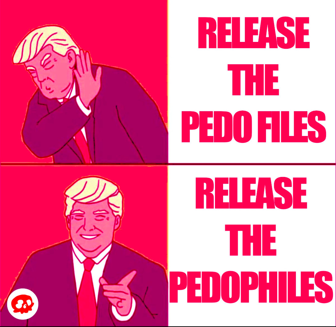 In a mimicry of the Drake meme, on the top, Trump closes his eyes and pushes his hand away. text: Release the Pedo Files. Below, Trump smiles and points. Text: Release the Pedophiles.