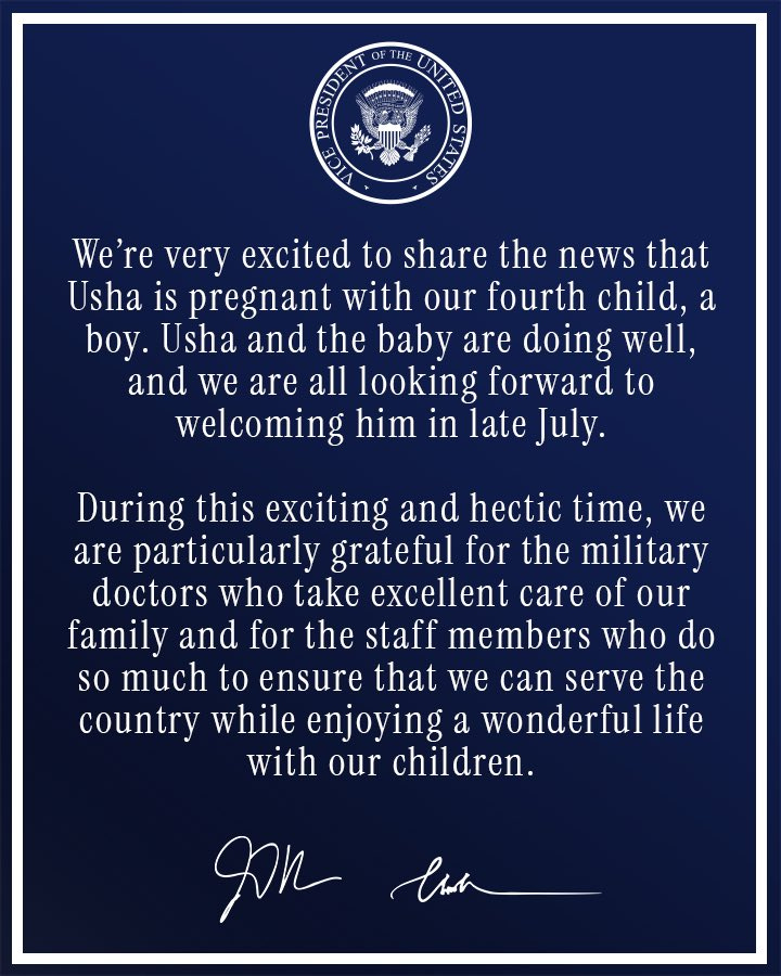 We’re very excited to share the news that Usha is pregnant with our fourth child, a boy. Usha and the baby are doing well, and we look forward to welcoming him in late July.  During this exciting and hectic time,  we are particularly grateful for the military doctors who take excellent care of our family and the staff members who do so much to ensure that we  can serve the country while enjoying a wonderful life with our children.
