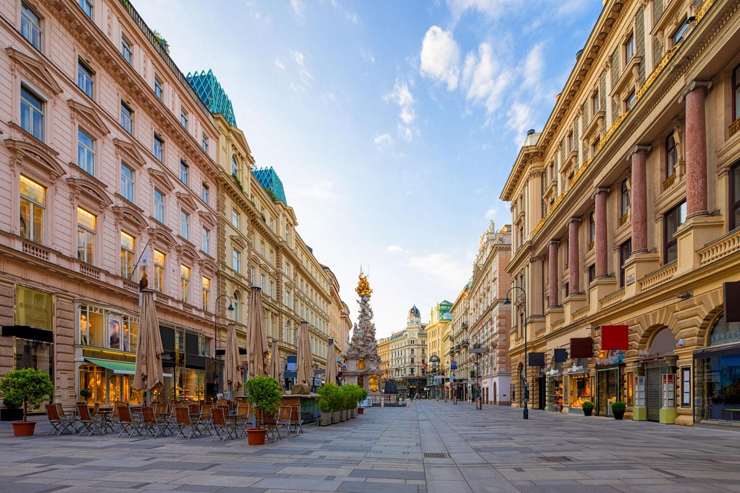 Graben Street in Vienna with the Plague Column, Austria, morning view Graben Street in Vienna with the Plague Column, Austria, morning view