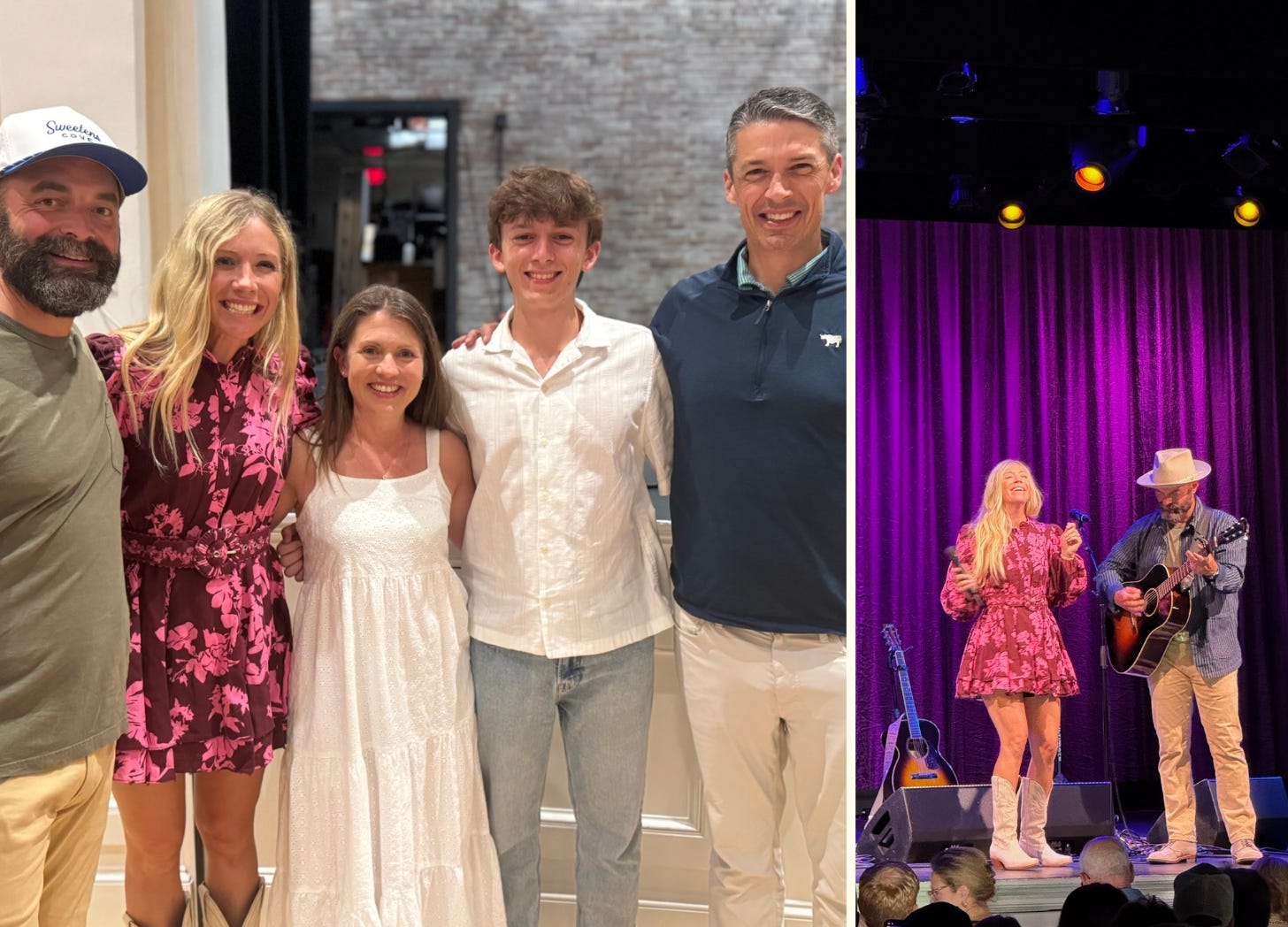 a graphic with two photos: 1. Drew and Ellie Holcomb and AJ, William, and Peter pose for a photo backstage after the concert. 2. Ellie and Drew Holcomb on stage singing