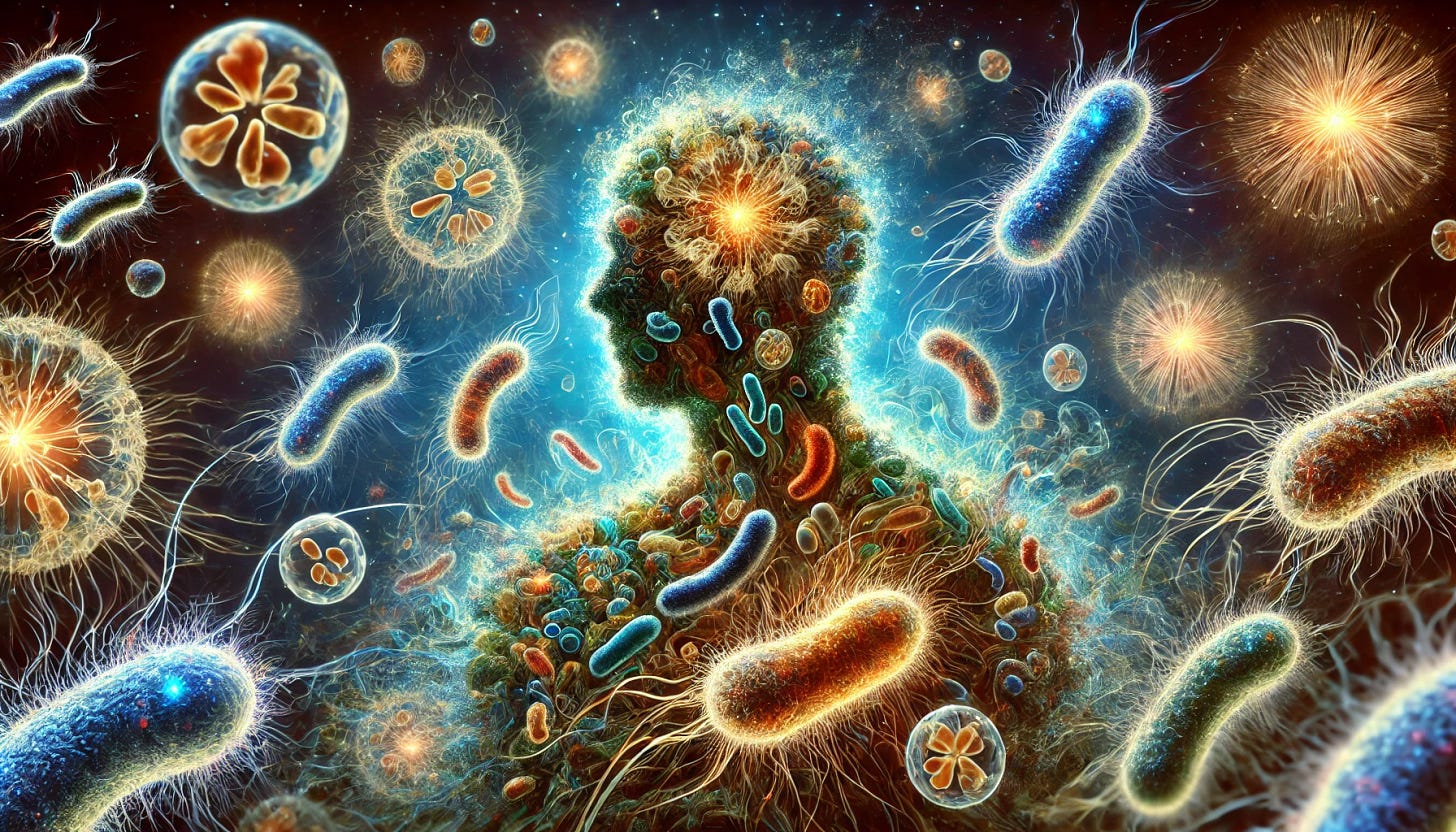 A surreal depiction of the human microbiome as a glowing, interconnected network of microorganisms enveloping a human silhouette. The microbes, including bacteria and viruses, appear as luminescent, swirling entities that blend harmoniously with the body's structure, symbolizing their symbiotic relationship. The mitochondria within cells are highlighted, appearing as small, glowing organelles with their own distinct DNA. The background is a cosmic, bio-digital landscape, emphasizing the evolutionary connections between microbial life and human genetics. The image has a cinematic, high-definition quality with rich, vivid colors and dramatic lighting.