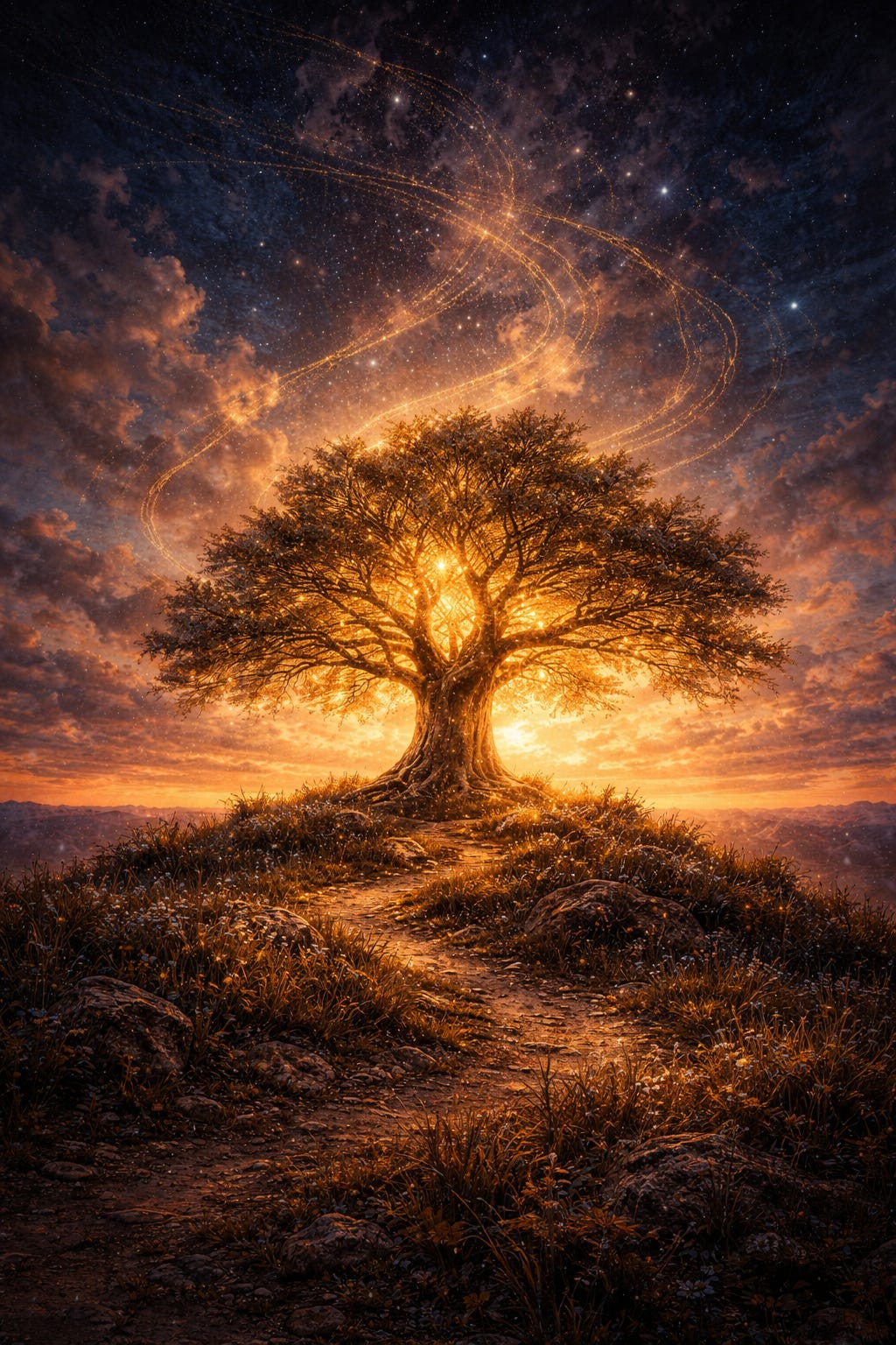 Hand-painted cosmic landscape showing a luminous tree glowing from within at sunset, standing on a hill beneath a star-filled sky with fine spiralling golden threads rising upward, suggesting living continuity, depth, and reality experienced from within.