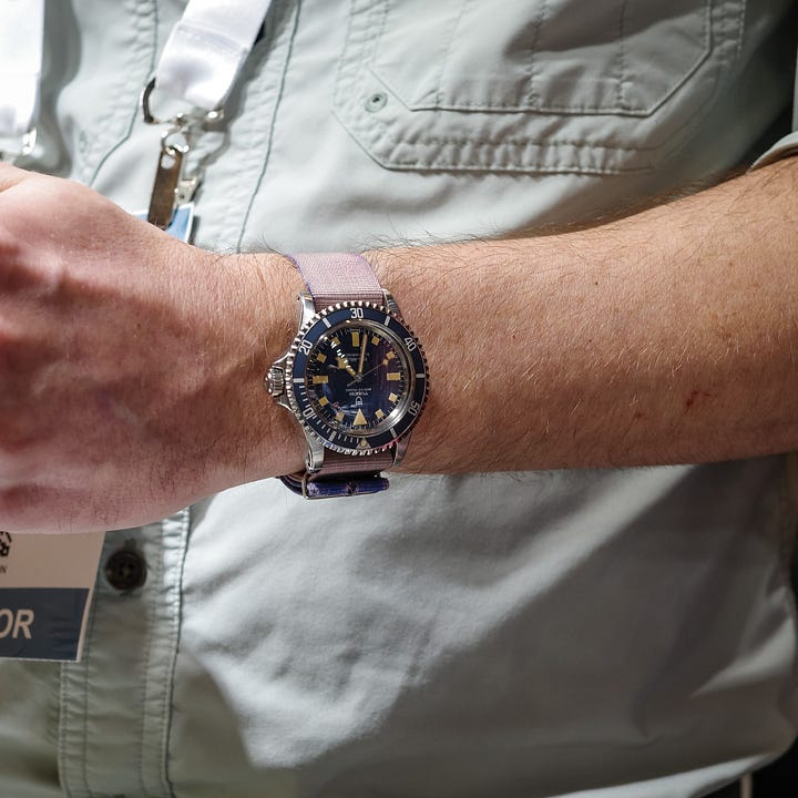 Dealer wrist shots: Wes Wynne wearing a Tudor 'Snowflake' and Roy Davidoff a rad Panerai Mare Nostrum