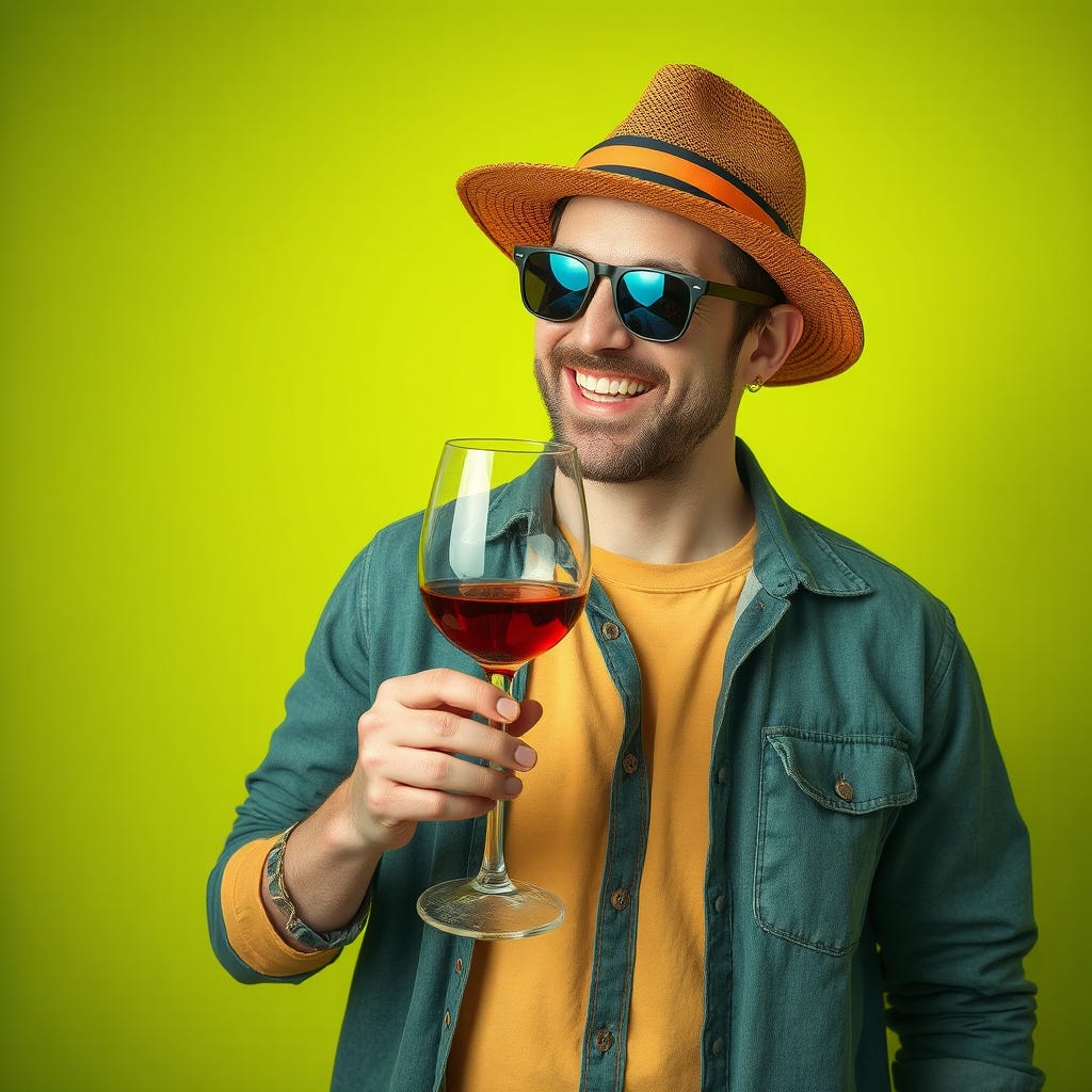 enthusiastic 35-year-old Caucasian man with vivid color casual clothes wearing a hat, holding a huge glass of red wine in his hands. wearing contrasting vivid color accessories reflecting happiness isolated on a vivid cont enthusiastic 35-year-old Caucasian man with vivid color casual clothes wearing a hat, holding a huge glass of red wine in his hands. wearing contrasting vivid color accessories reflecting happiness isolated on a vivid cont